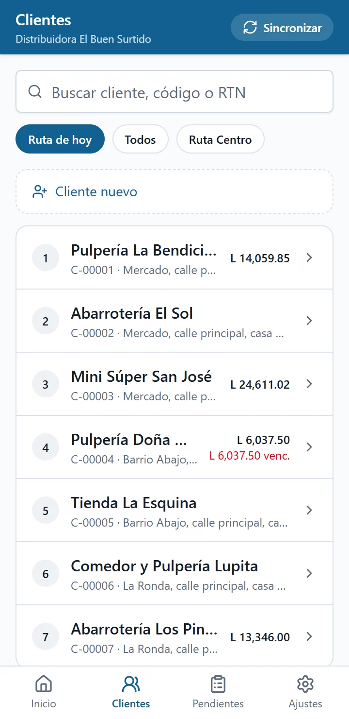 Lista de clientes de la ruta del día en la app de campo
