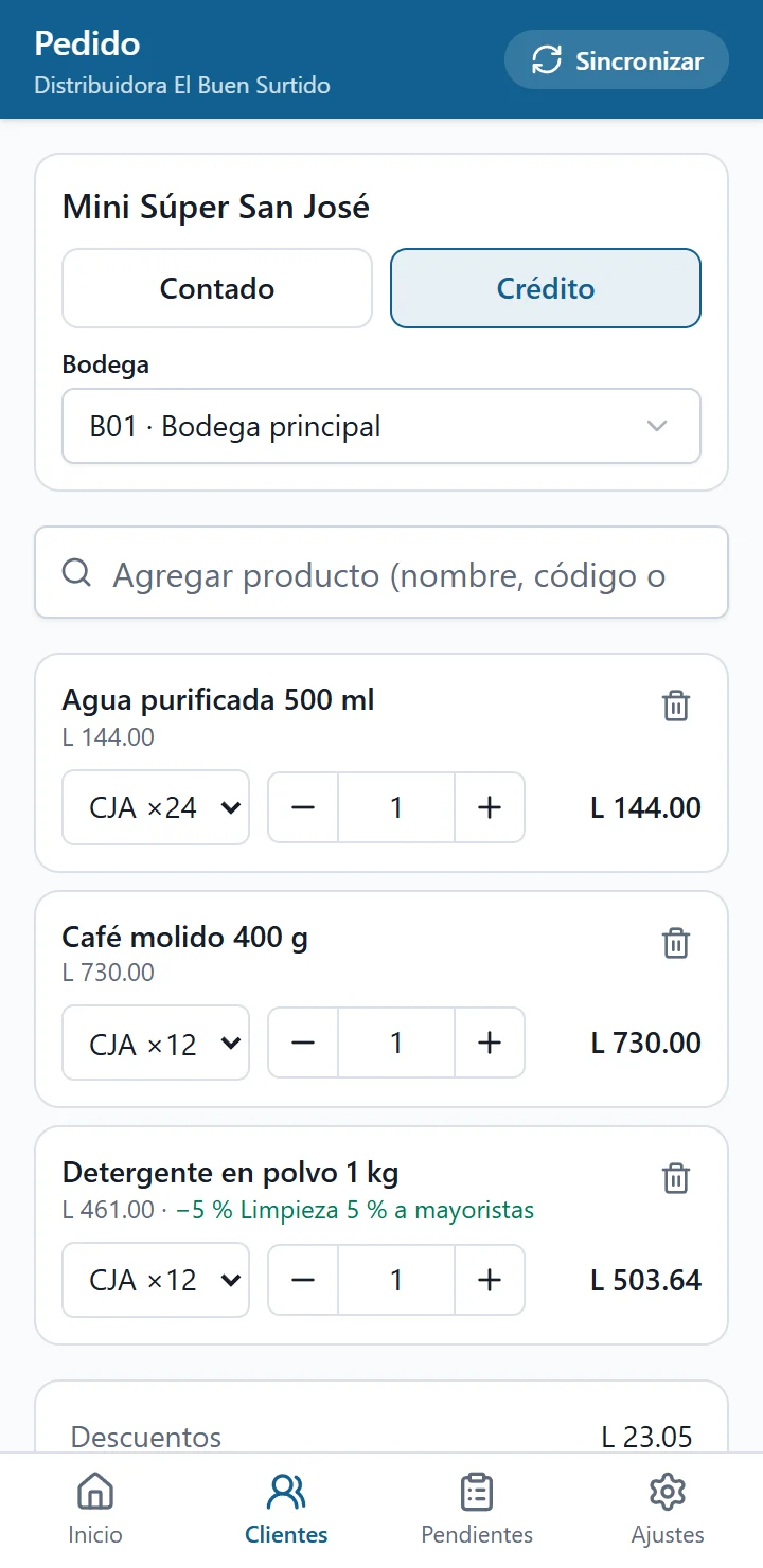 Pedido tomado desde el teléfono con el total calculado