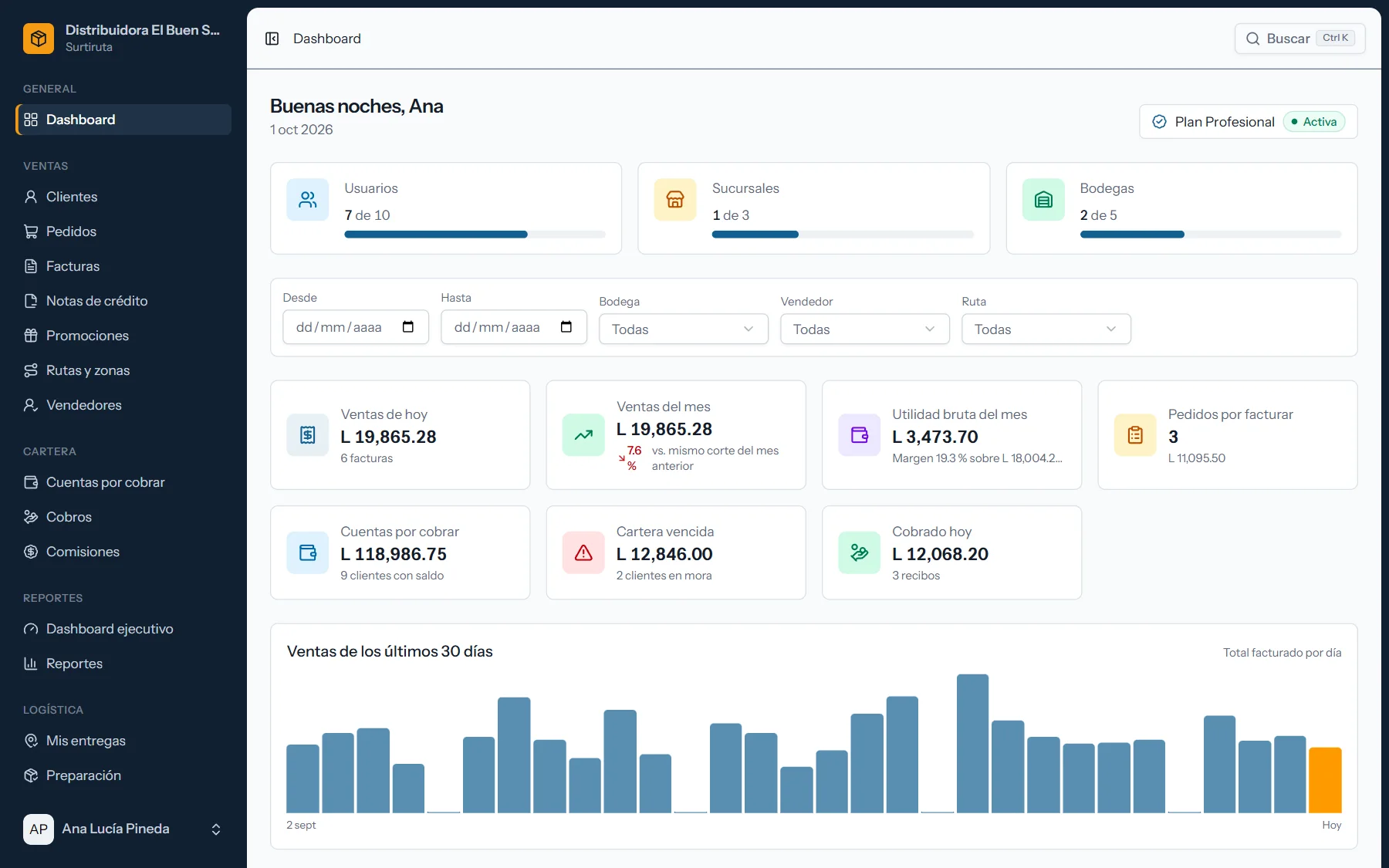 Dashboard de Surtiruta con las ventas del día, la cartera vencida y las ventas de los últimos 30 días